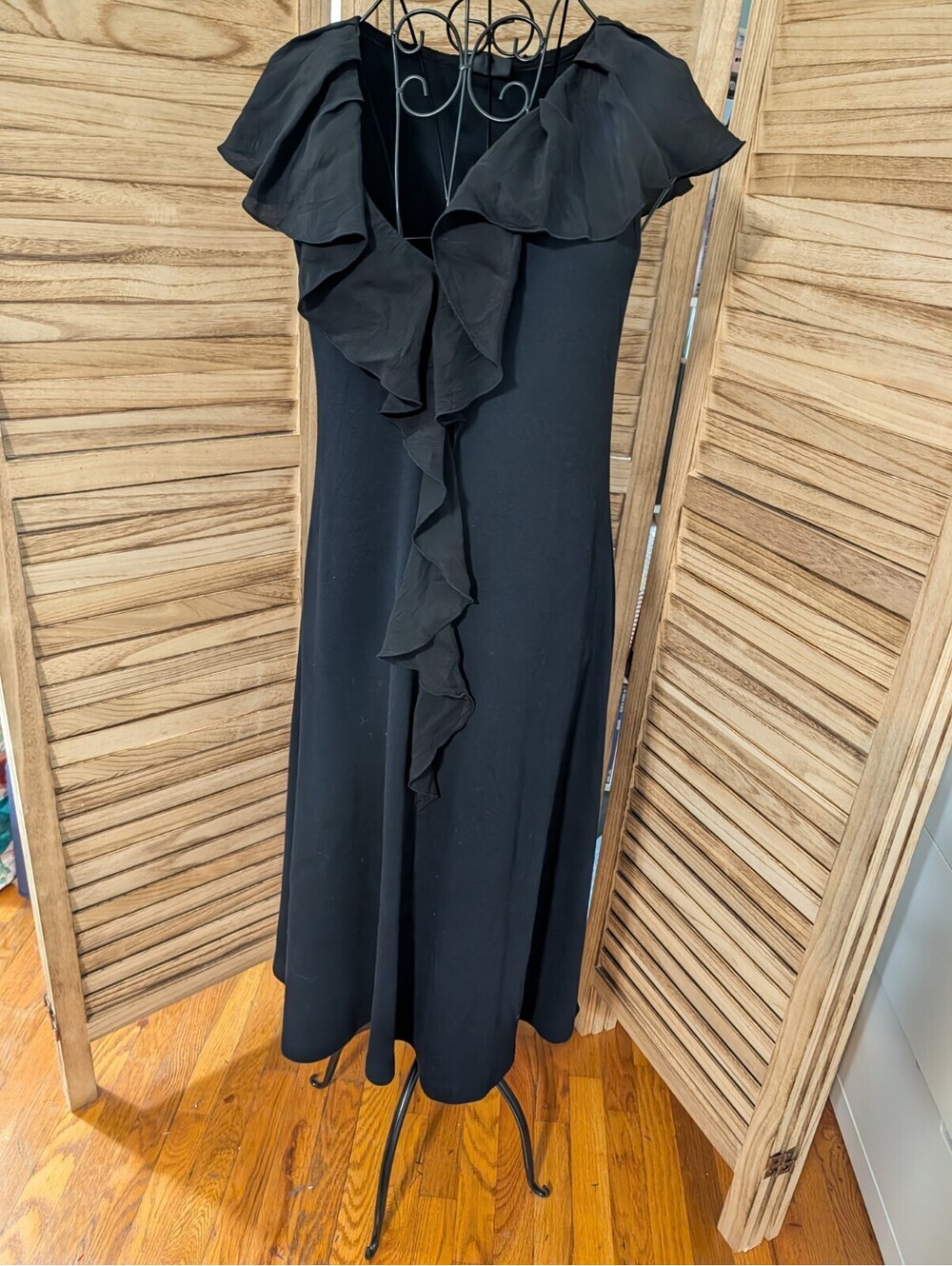 Vintage BARBARA LESSER USA Black Slub Cotton Knit Rayon Collar Dress size L